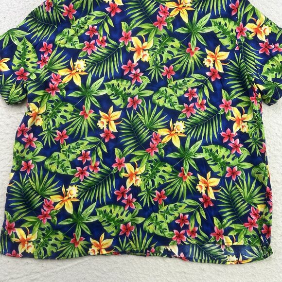 Caribou Hawaiian Shirt Women 1X Green Blue Pink Floral Button Up Shoulder Pads - Picture 12 of 12